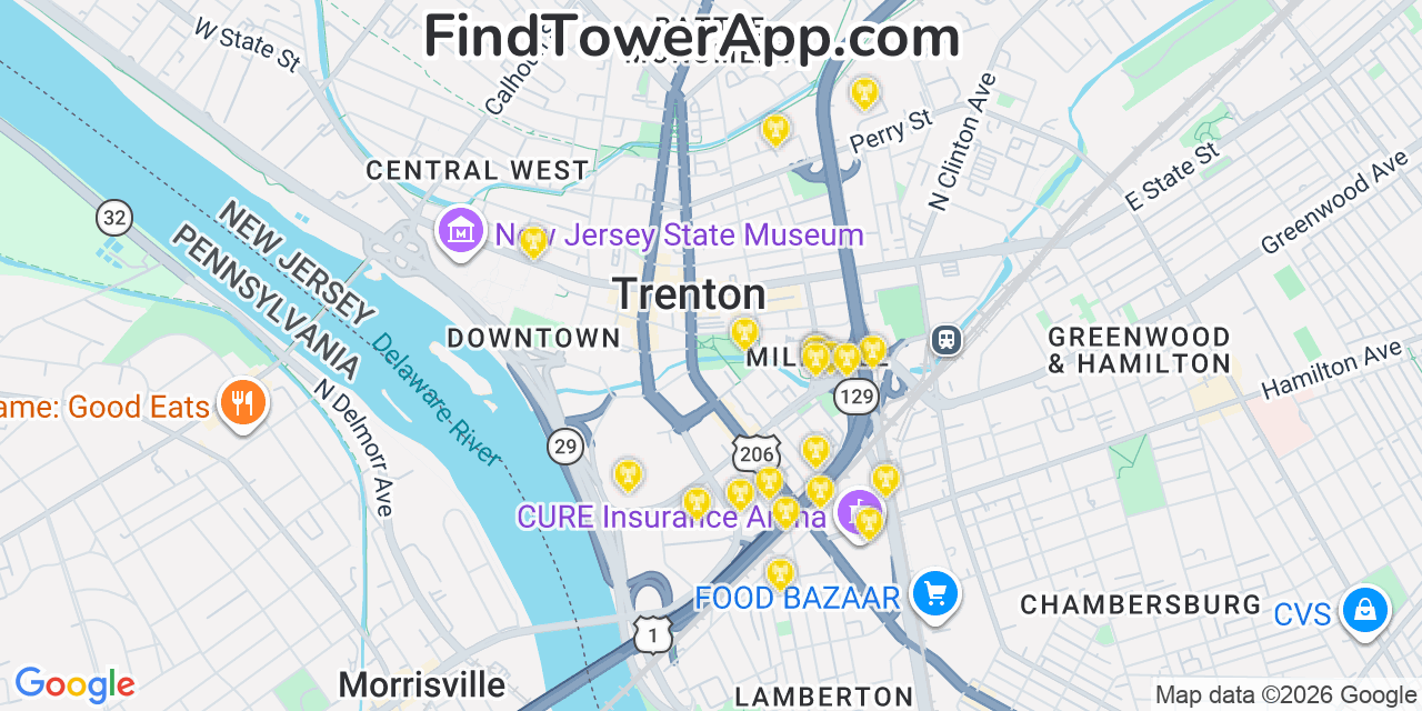 Map showing the 20 primary cell tower locations detected in Trenton, New Jersey from AT&T, Verizon, and T-Mobile networks