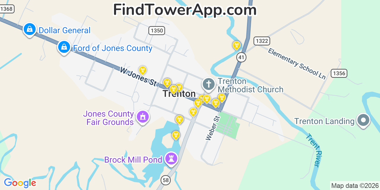 Map showing the 20 primary cell tower locations detected in Trenton, North Carolina from AT&T, Verizon, and T-Mobile networks