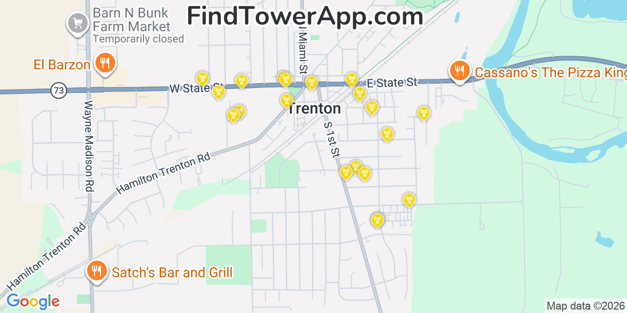 Map showing the 20 primary cell tower locations detected in Trenton, Ohio from AT&T, Verizon, and T-Mobile networks