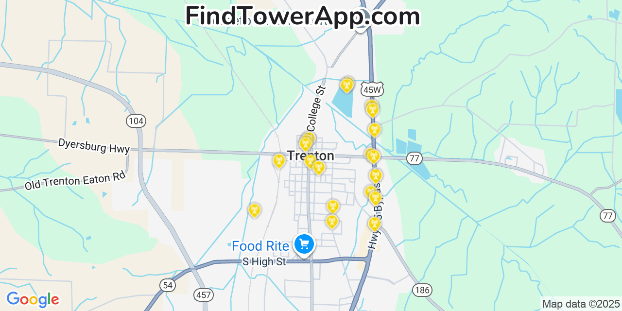 Map showing the 20 primary cell tower locations detected in Trenton, Tennessee from AT&T, Verizon, and T-Mobile networks
