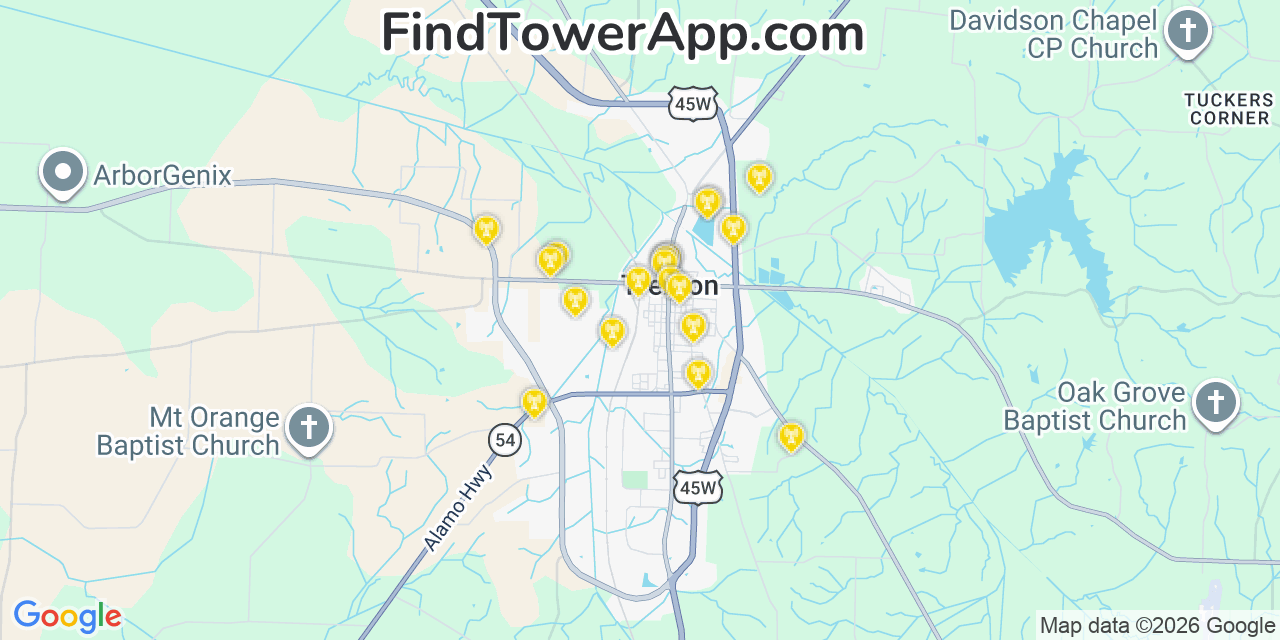 Map showing the 20 primary cell tower locations detected in Trenton, Tennessee from AT&T, Verizon, and T-Mobile networks