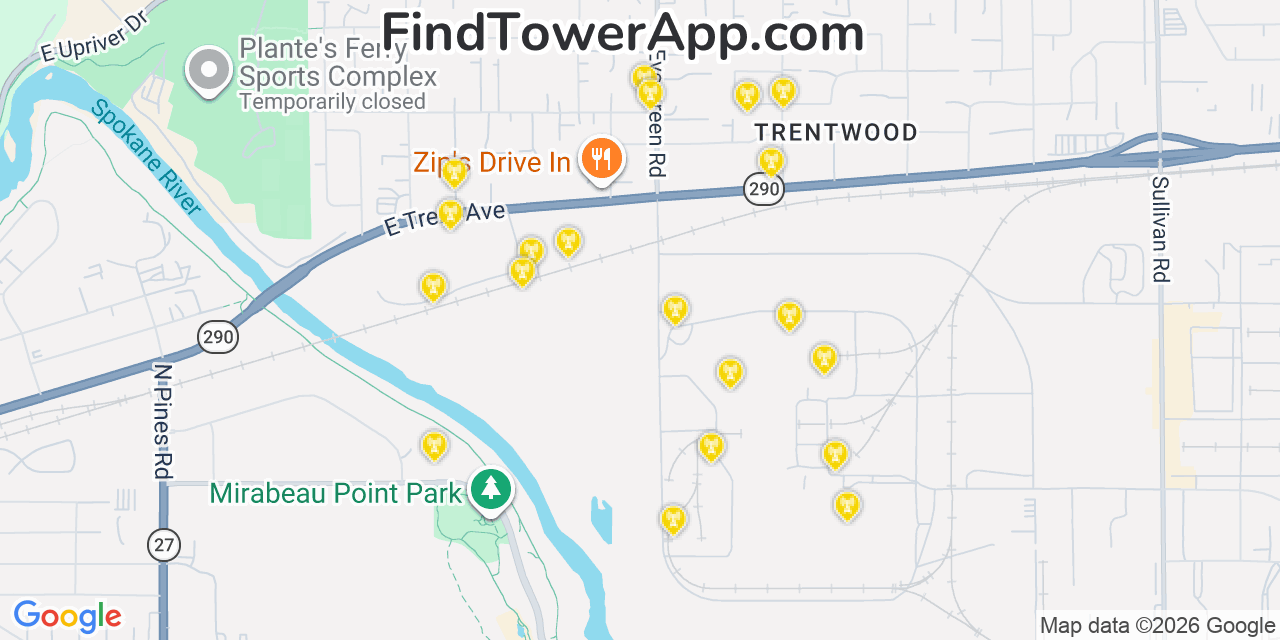 Map showing the 20 primary cell tower locations detected in Trentwood, Washington from AT&T, Verizon, and T-Mobile networks