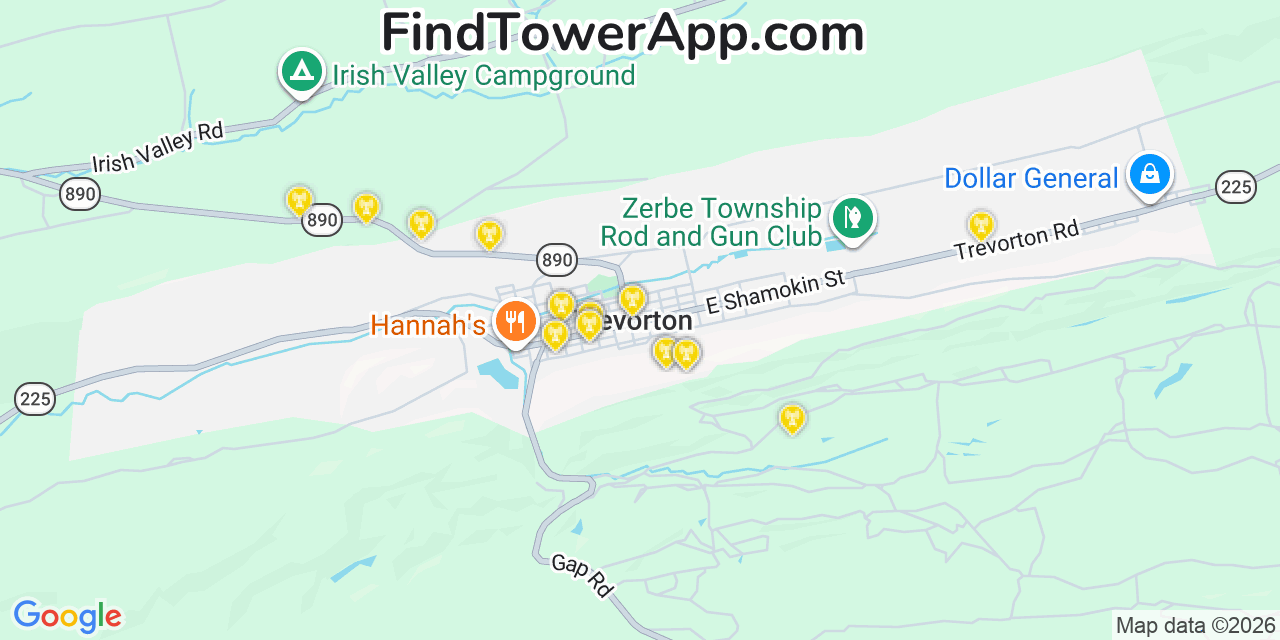 Map showing the 20 primary cell tower locations detected in Trevorton, Pennsylvania from AT&T, Verizon, and T-Mobile networks