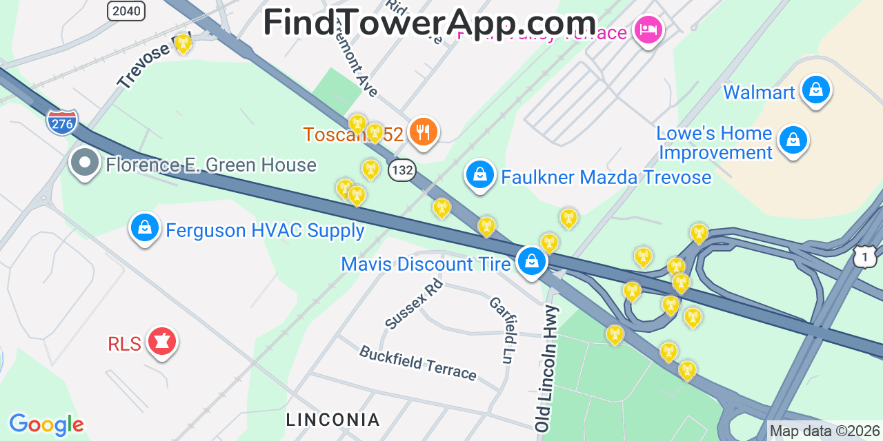 Map showing the 20 primary cell tower locations detected in Trevose, Pennsylvania from AT&T, Verizon, and T-Mobile networks