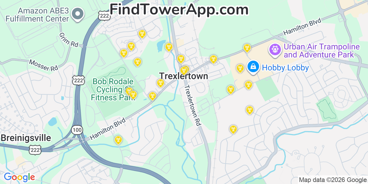 Map showing the 20 primary cell tower locations detected in Trexlertown, Pennsylvania from AT&T, Verizon, and T-Mobile networks