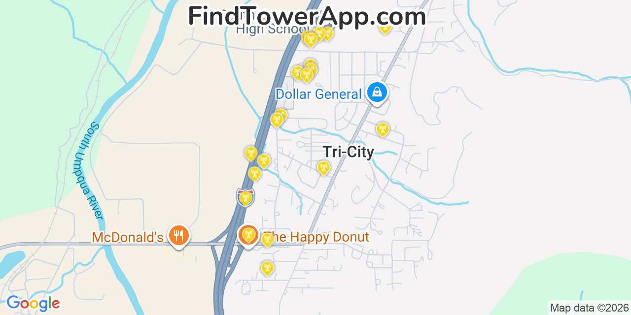 Map showing the 20 primary cell tower locations detected in Tri City, Oregon from AT&T, Verizon, and T-Mobile networks
