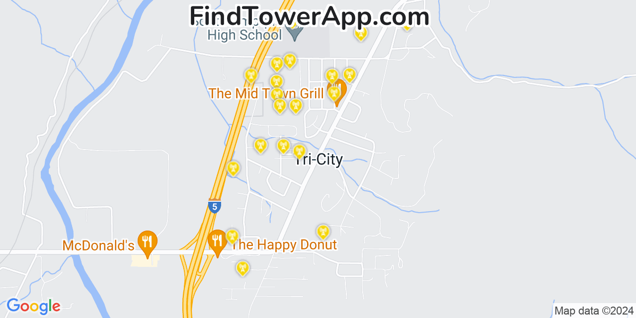 Verizon 4G/5G cell tower coverage map Tri City, Oregon