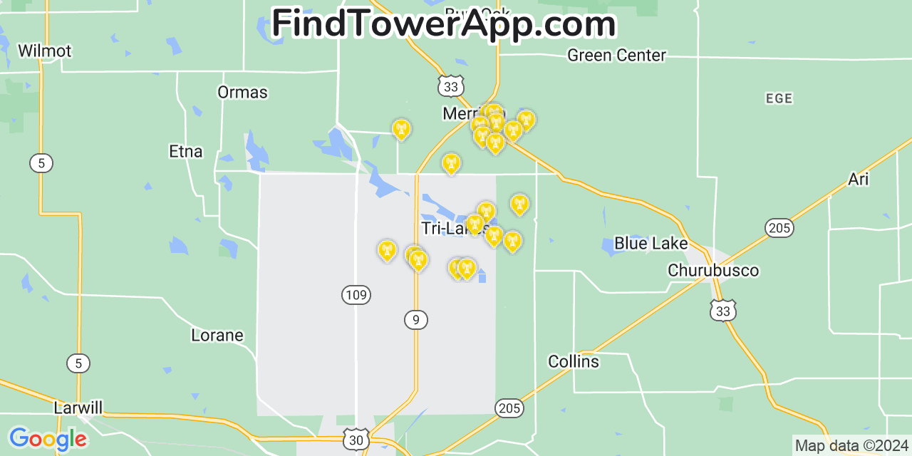 AT&T 4G/5G cell tower coverage map Tri Lakes, Indiana