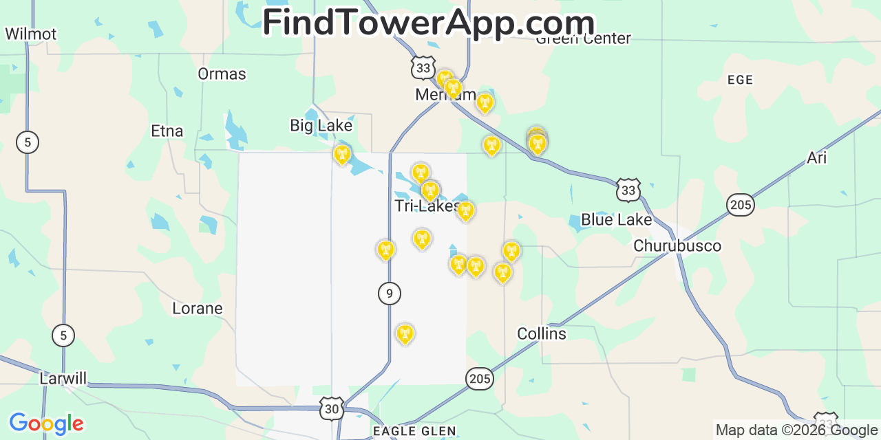 Map showing the 20 primary cell tower locations detected in Tri Lakes, Indiana from AT&T, Verizon, and T-Mobile networks