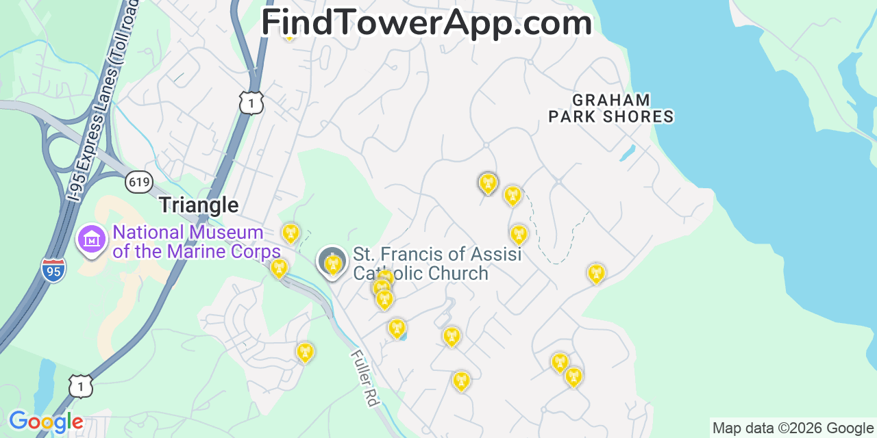Map showing the 20 primary cell tower locations detected in Triangle, Virginia from AT&T, Verizon, and T-Mobile networks