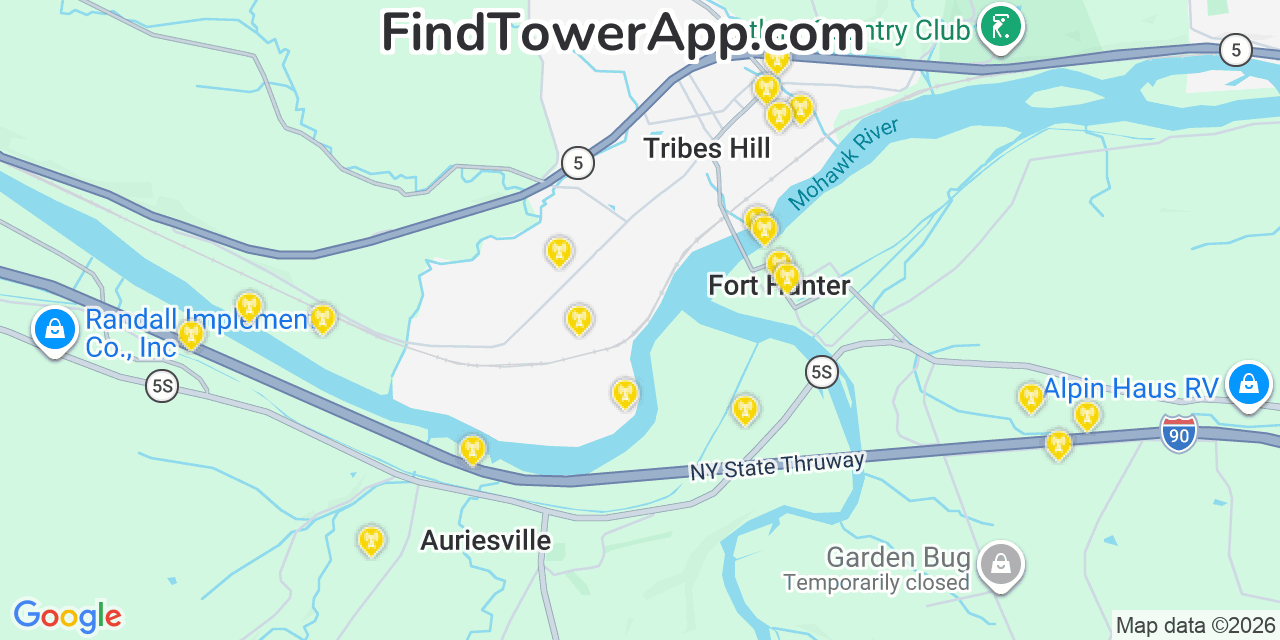 Map showing the 20 primary cell tower locations detected in Tribes Hill, New York from AT&T, Verizon, and T-Mobile networks