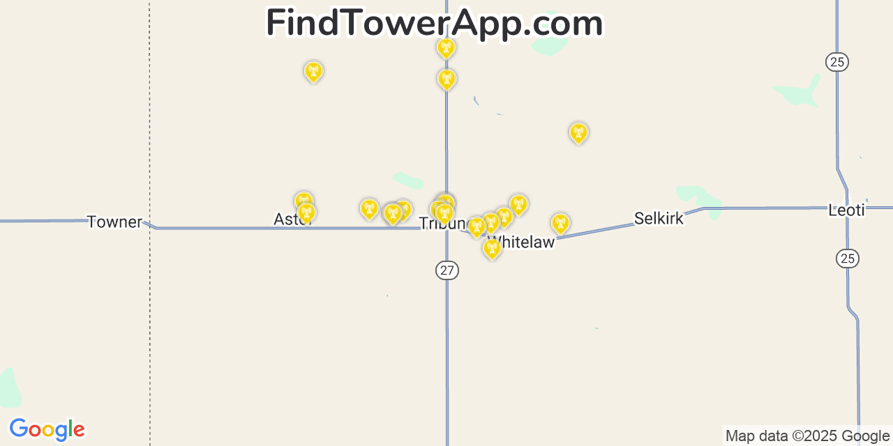 Map showing the 20 primary cell tower locations detected in Tribune, Kansas from AT&T, Verizon, and T-Mobile networks