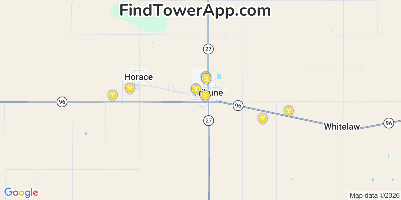 Map showing the 20 primary cell tower locations detected in Tribune, Kansas from AT&T, Verizon, and T-Mobile networks