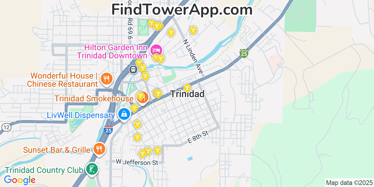 Map showing the 20 primary cell tower locations detected in Trinidad, Colorado from AT&T, Verizon, and T-Mobile networks