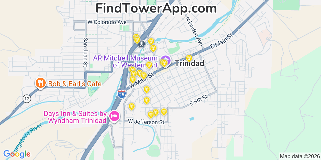 Map showing the 20 primary cell tower locations detected in Trinidad, Colorado from AT&T, Verizon, and T-Mobile networks
