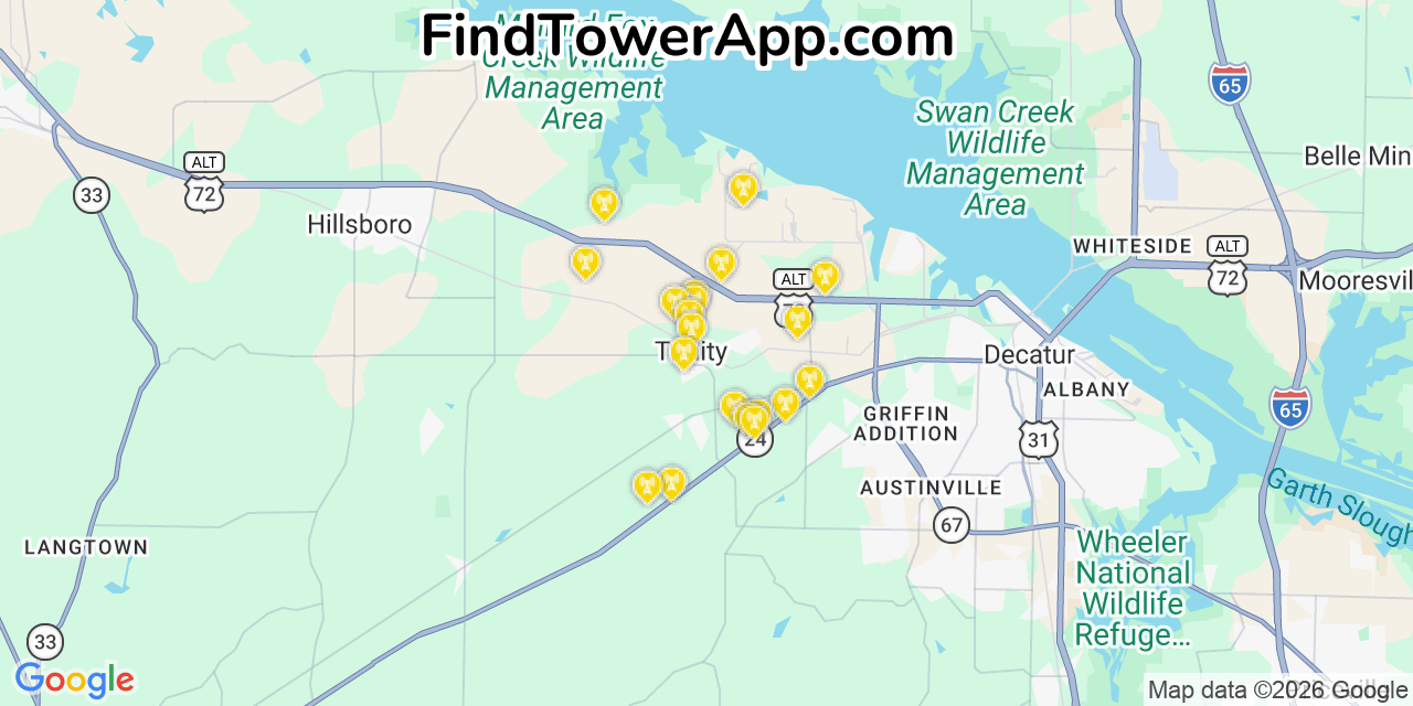 Map showing the 20 primary cell tower locations detected in Trinity, Alabama from AT&T, Verizon, and T-Mobile networks