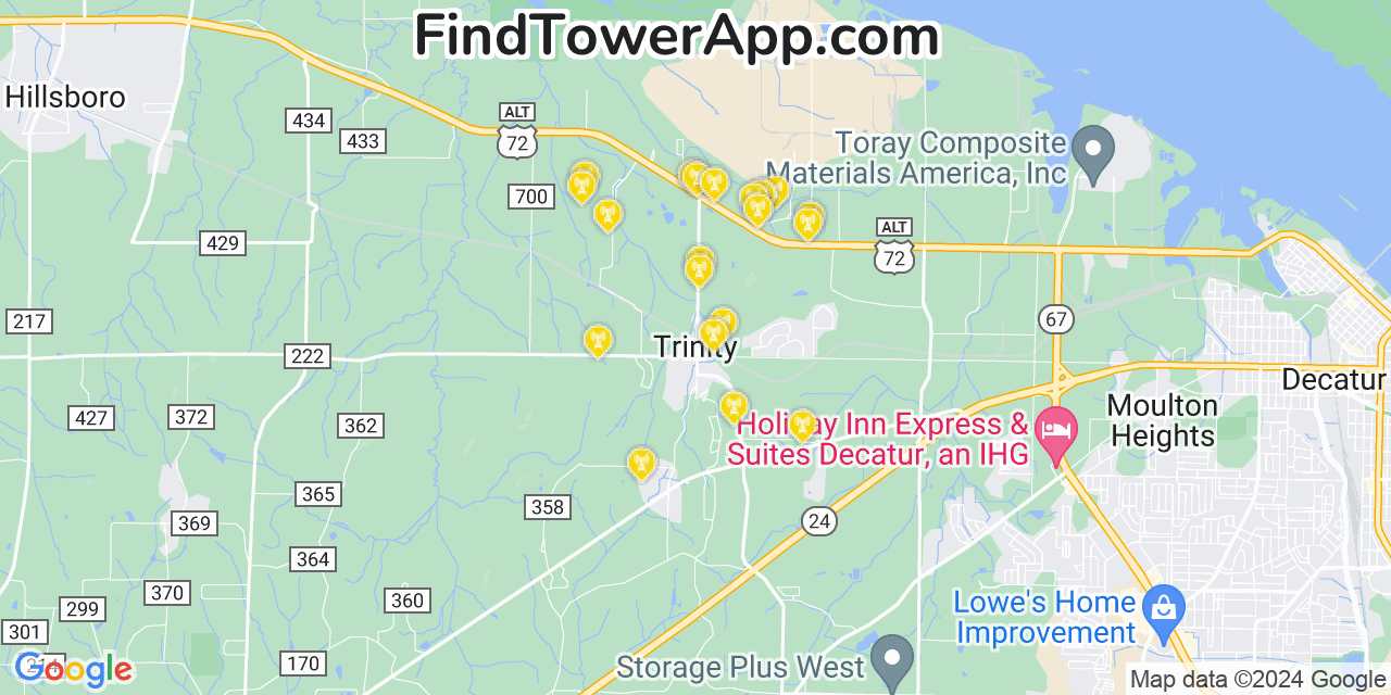 Verizon 4G/5G cell tower coverage map Trinity, Alabama