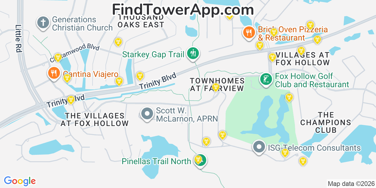 Map showing the 20 primary cell tower locations detected in Trinity, Florida from AT&T, Verizon, and T-Mobile networks