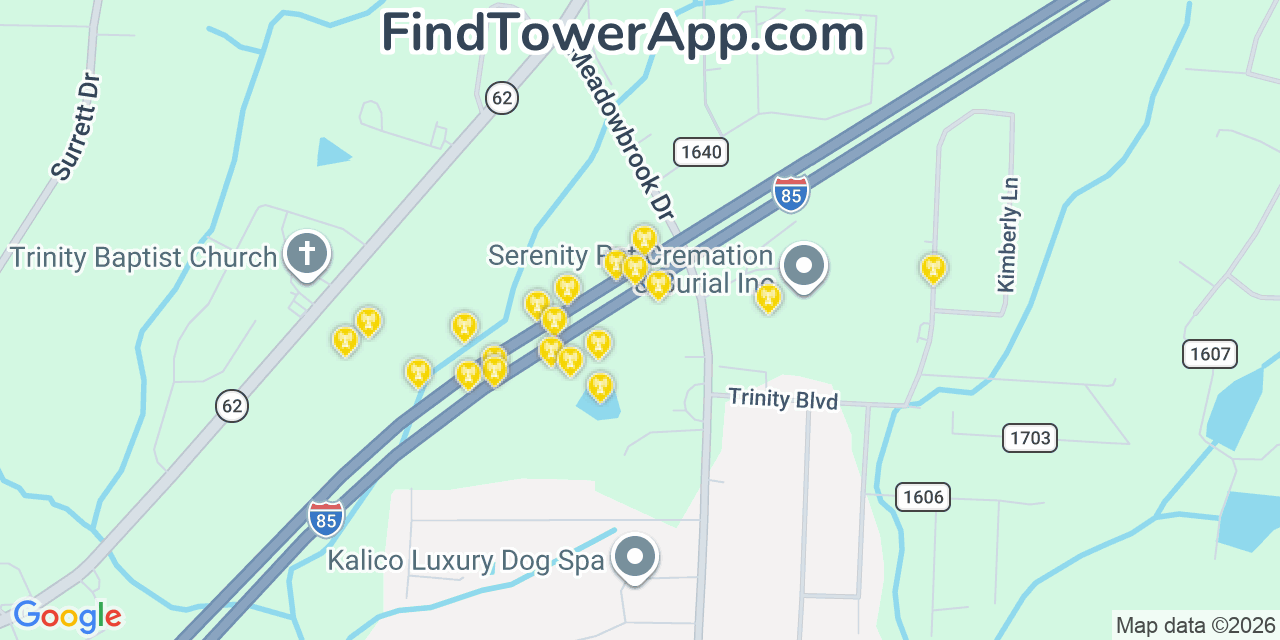 Map showing the 20 primary cell tower locations detected in Trinity, North Carolina from AT&T, Verizon, and T-Mobile networks