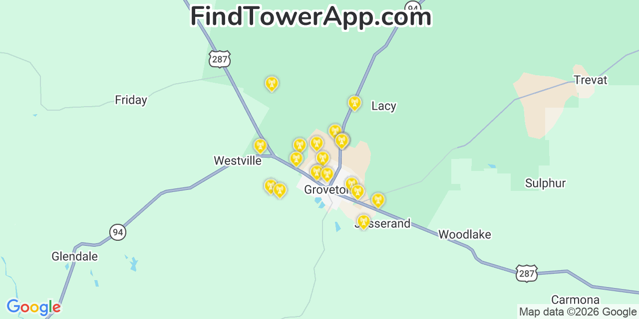 Map showing the 20 primary cell tower locations detected in Trinity, Texas from AT&T, Verizon, and T-Mobile networks