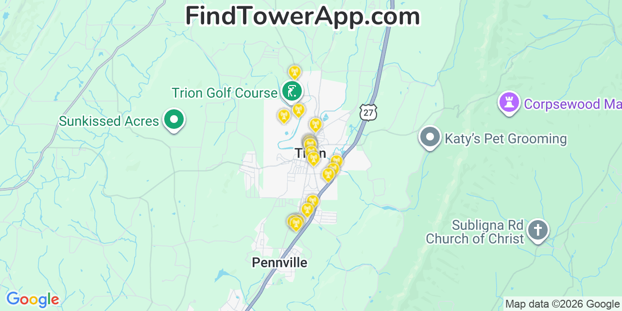 Map showing the 20 primary cell tower locations detected in Trion, Georgia from AT&T, Verizon, and T-Mobile networks