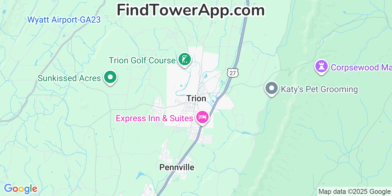 Map showing the 20 primary Mobitel cell tower locations detected in Trion, Georgia with coverage radius and signal strength indicators