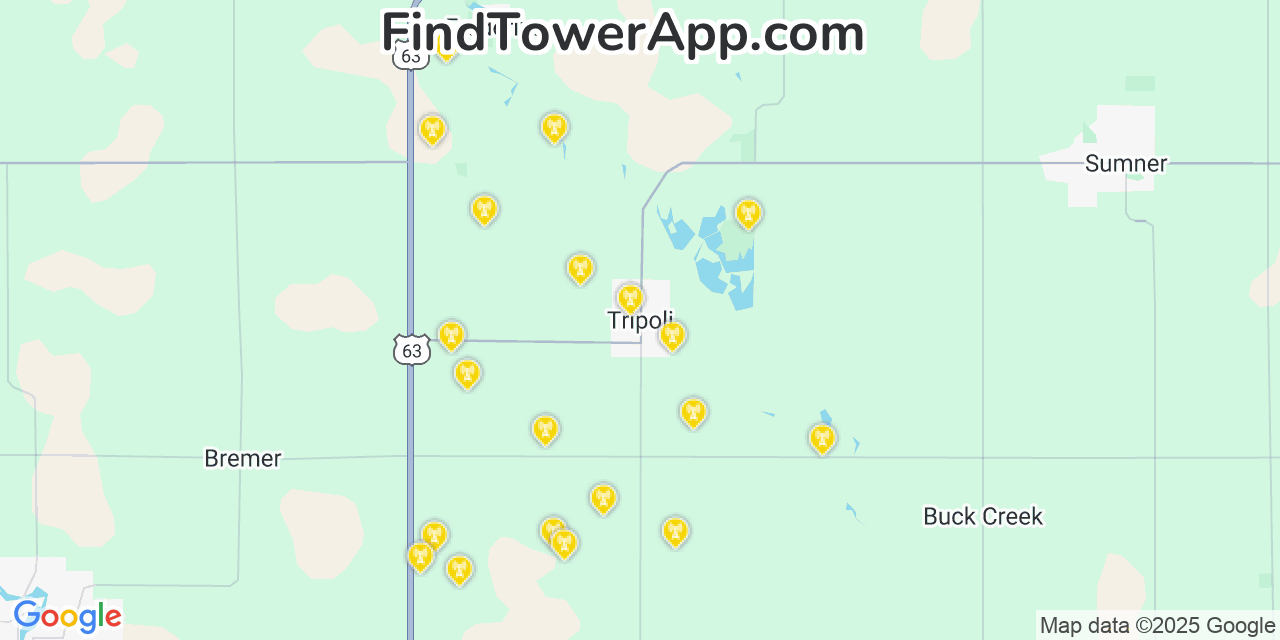 Map showing the 20 primary cell tower locations detected in Tripoli, Iowa from AT&T, Verizon, and T-Mobile networks