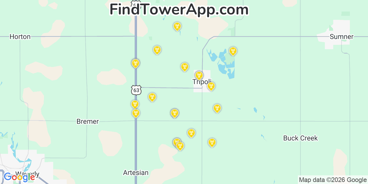 Map showing the 20 primary cell tower locations detected in Tripoli, Iowa from AT&T, Verizon, and T-Mobile networks