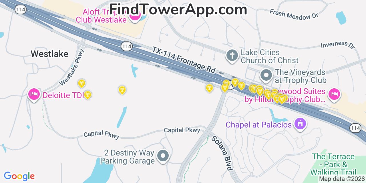 Map showing the 20 primary cell tower locations detected in Trophy Club, Texas from AT&T, Verizon, and T-Mobile networks