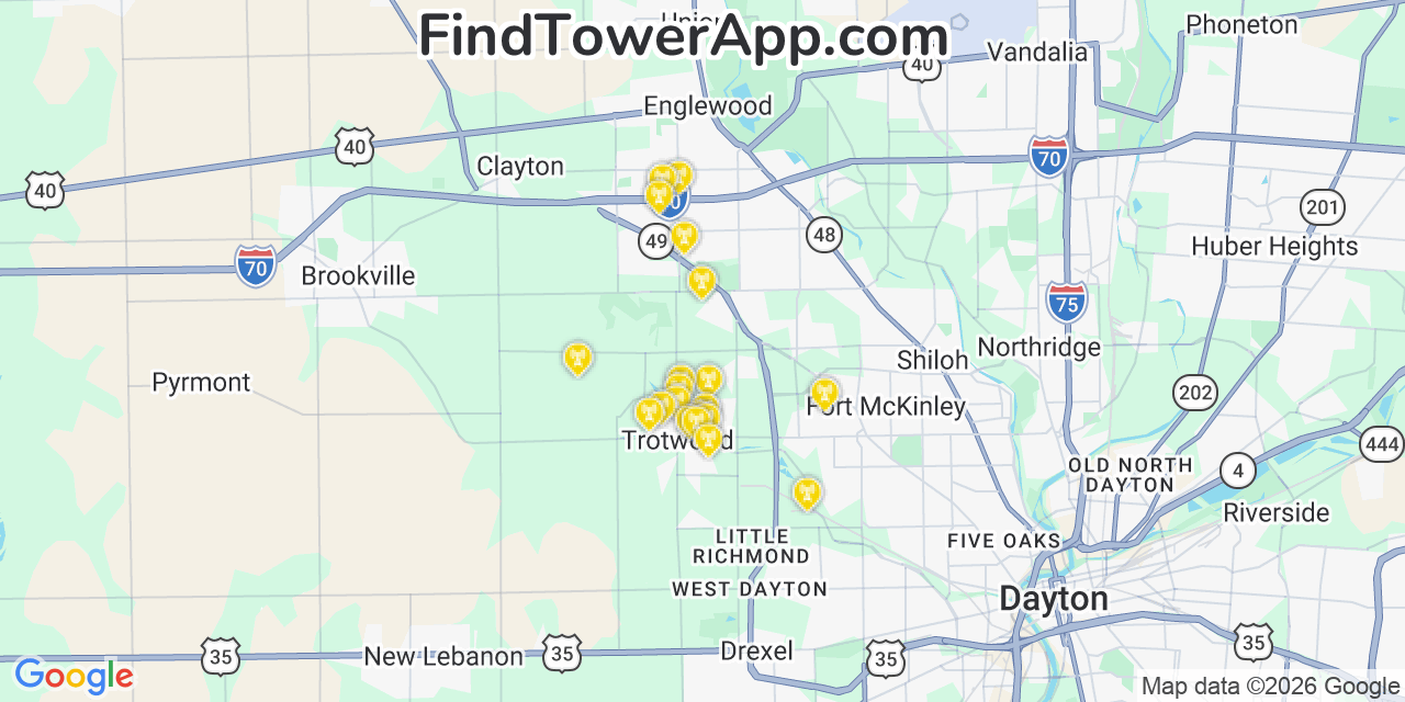 Map showing the 20 primary cell tower locations detected in Trotwood, Ohio from AT&T, Verizon, and T-Mobile networks