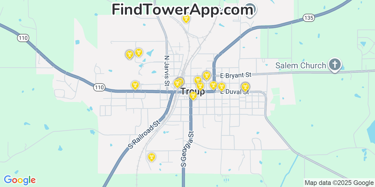 Map showing the 20 primary cell tower locations detected in Troup, Texas from AT&T, Verizon, and T-Mobile networks