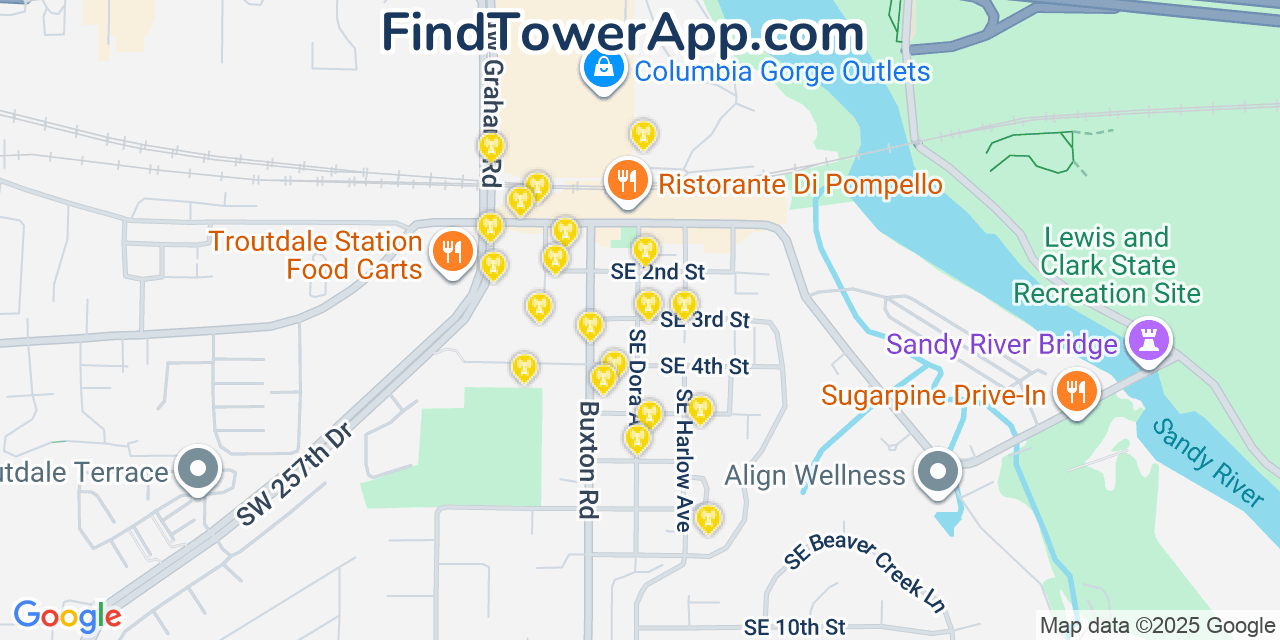 Map showing the 20 primary cell tower locations detected in Troutdale, Oregon from AT&T, Verizon, and T-Mobile networks