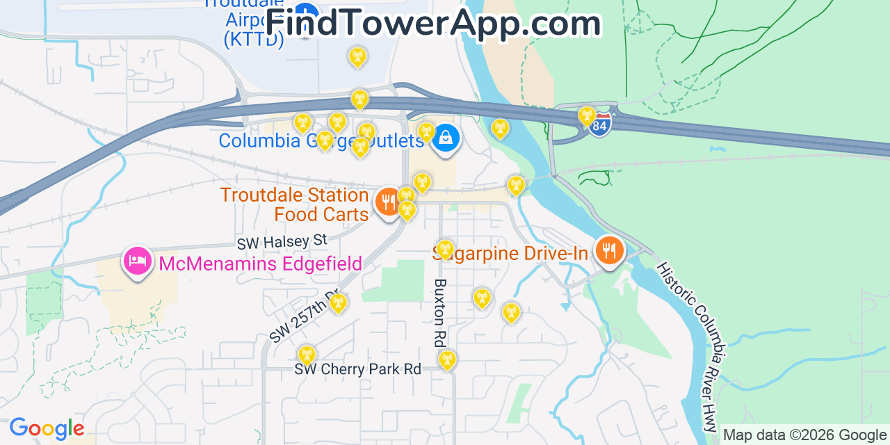 Map showing the 20 primary cell tower locations detected in Troutdale, Oregon from AT&T, Verizon, and T-Mobile networks