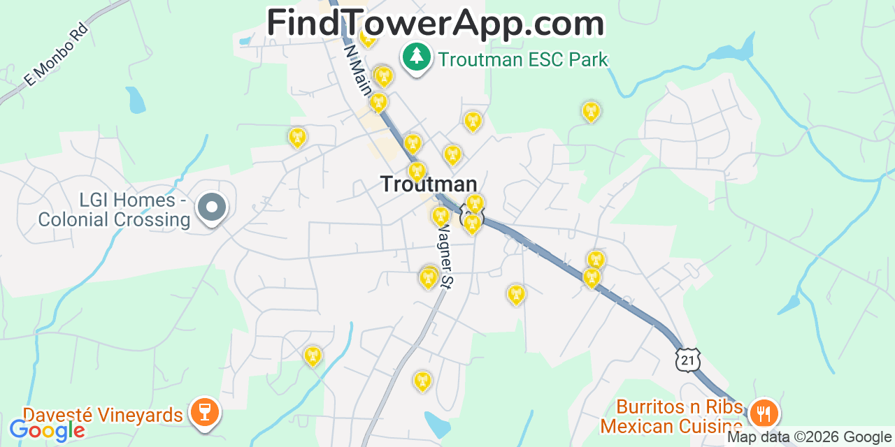 Map showing the 20 primary cell tower locations detected in Troutman, North Carolina from AT&T, Verizon, and T-Mobile networks