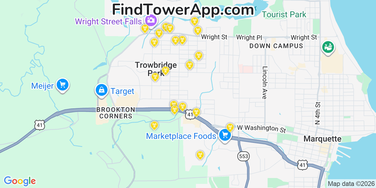 Map showing the 20 primary cell tower locations detected in Trowbridge Park, Michigan from AT&T, Verizon, and T-Mobile networks