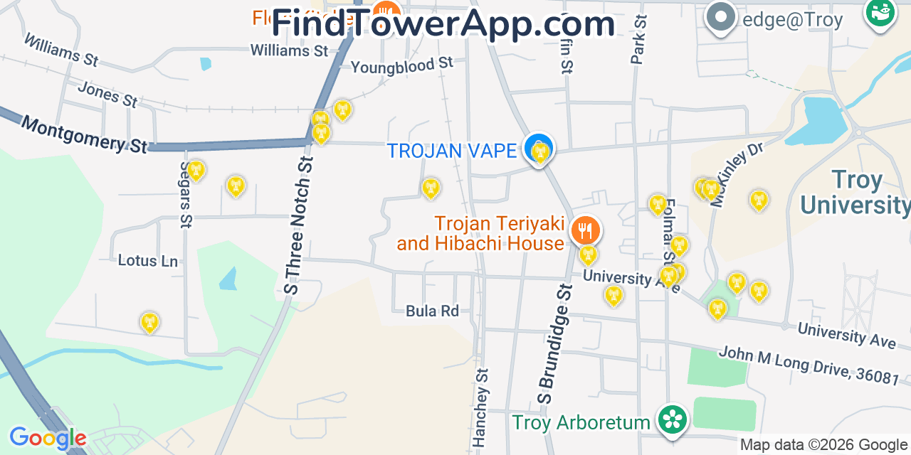 Map showing the 20 primary cell tower locations detected in Troy, Alabama from AT&T, Verizon, and T-Mobile networks