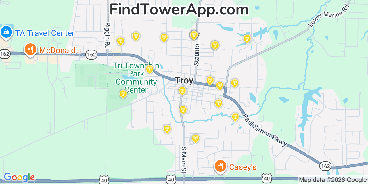 Map showing the 20 primary cell tower locations detected in Troy, Illinois from AT&T, Verizon, and T-Mobile networks