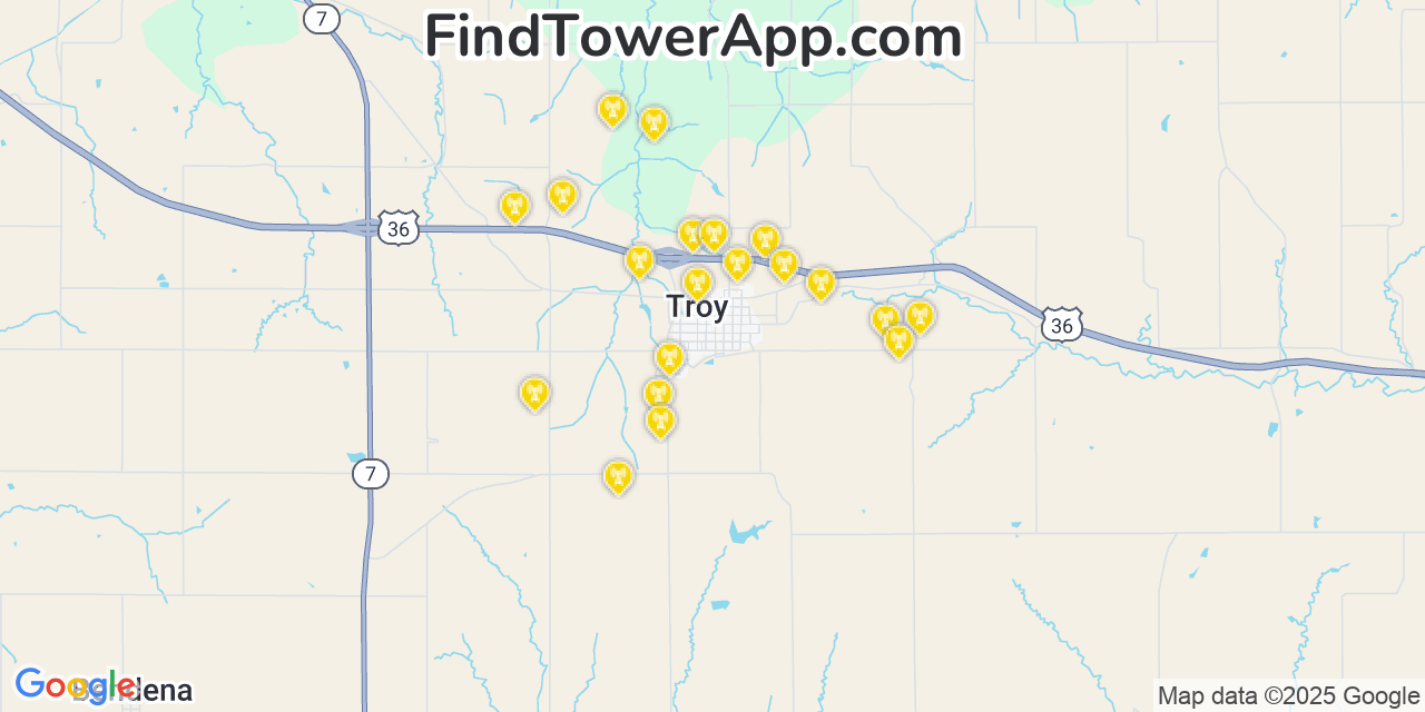 Map showing the 20 primary cell tower locations detected in Troy, Kansas from AT&T, Verizon, and T-Mobile networks