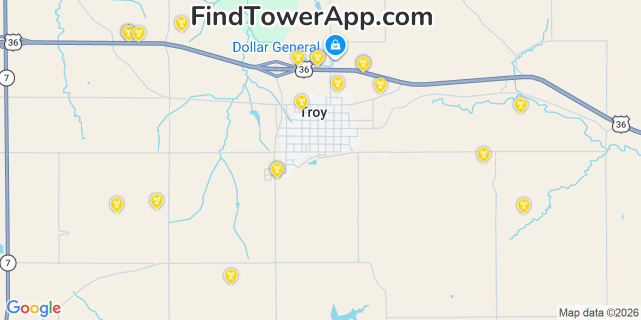 Map showing the 20 primary cell tower locations detected in Troy, Kansas from AT&T, Verizon, and T-Mobile networks