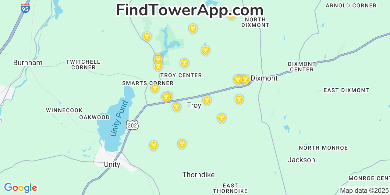 Map showing the 20 primary cell tower locations detected in Troy, Maine from AT&T, Verizon, and T-Mobile networks
