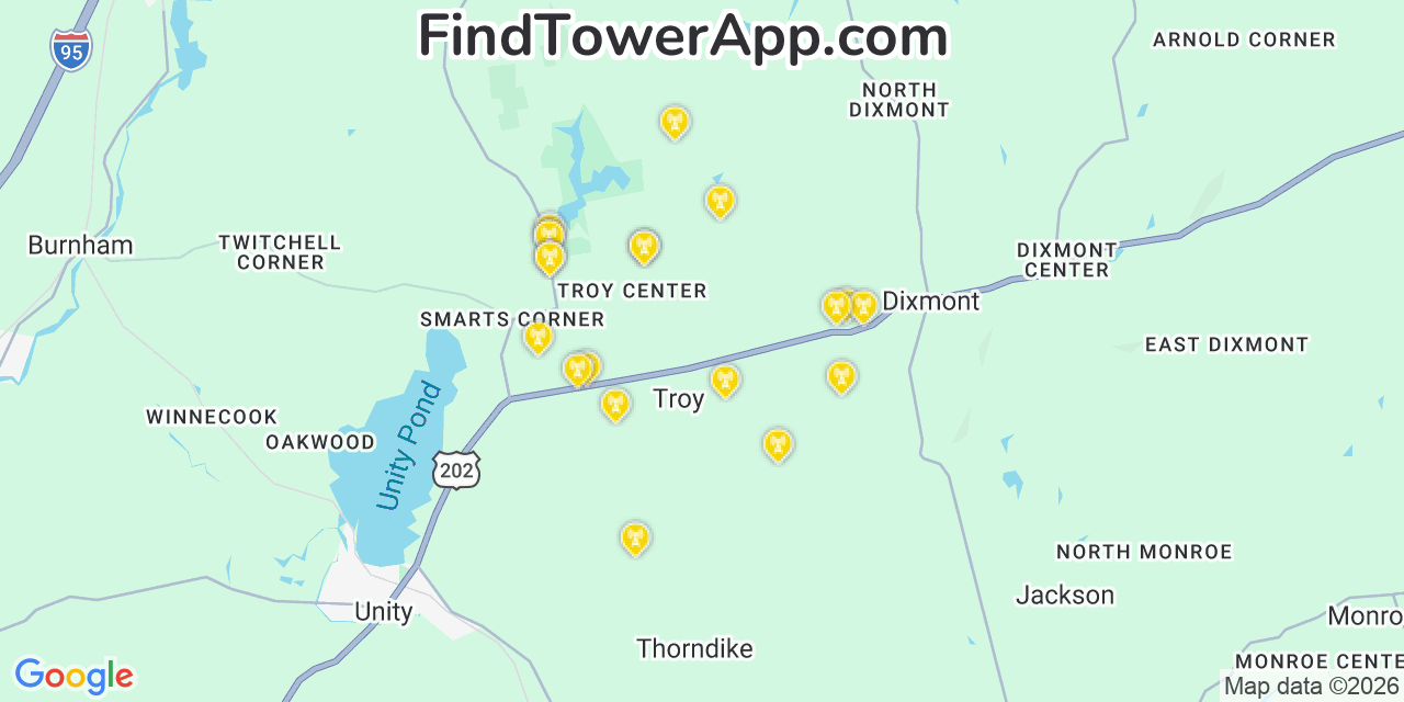 Map showing the 20 primary cell tower locations detected in Troy, Maine from AT&T, Verizon, and T-Mobile networks