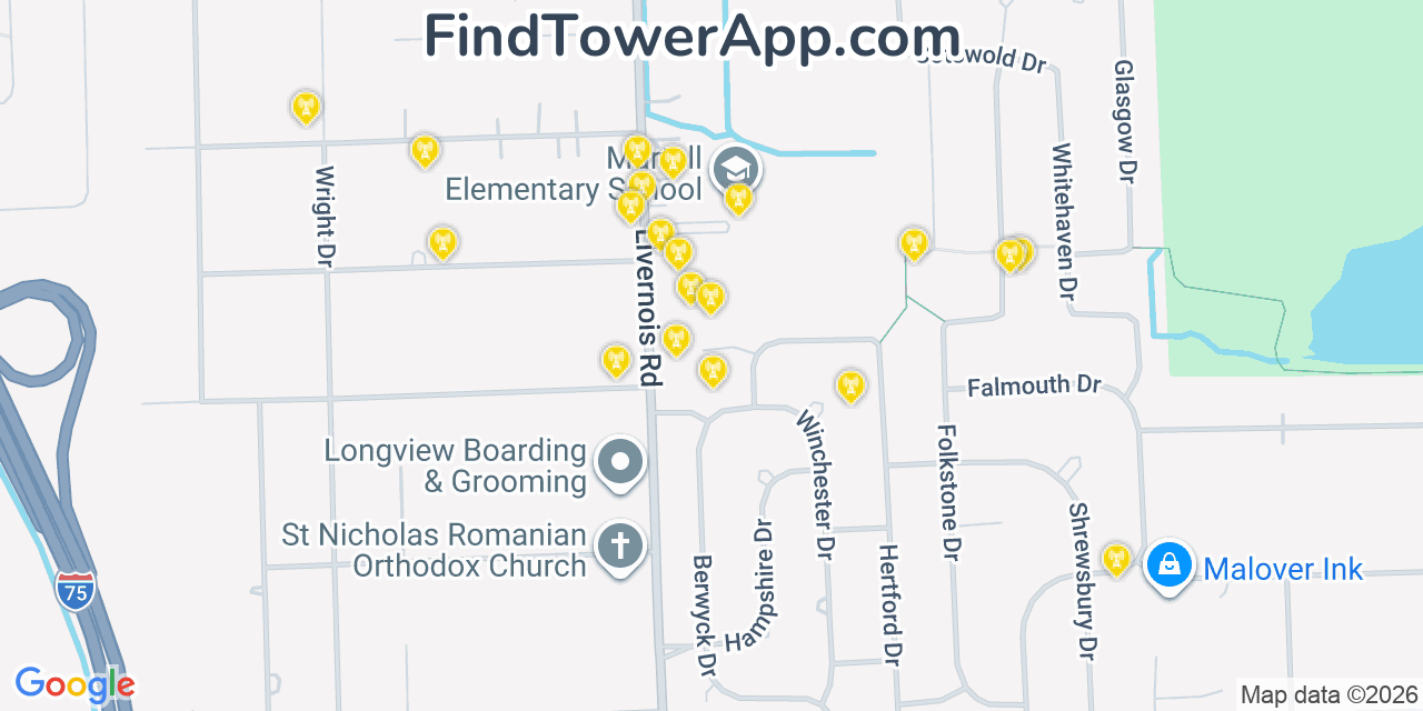 Map showing the 20 primary cell tower locations detected in Troy, Michigan from AT&T, Verizon, and T-Mobile networks