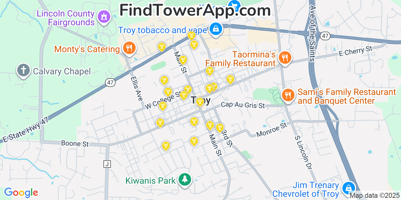 Map showing the 20 primary cell tower locations detected in Troy, Missouri from AT&T, Verizon, and T-Mobile networks