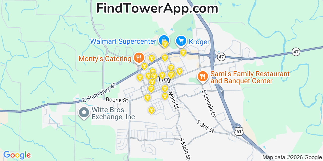 Map showing the 20 primary cell tower locations detected in Troy, Missouri from AT&T, Verizon, and T-Mobile networks