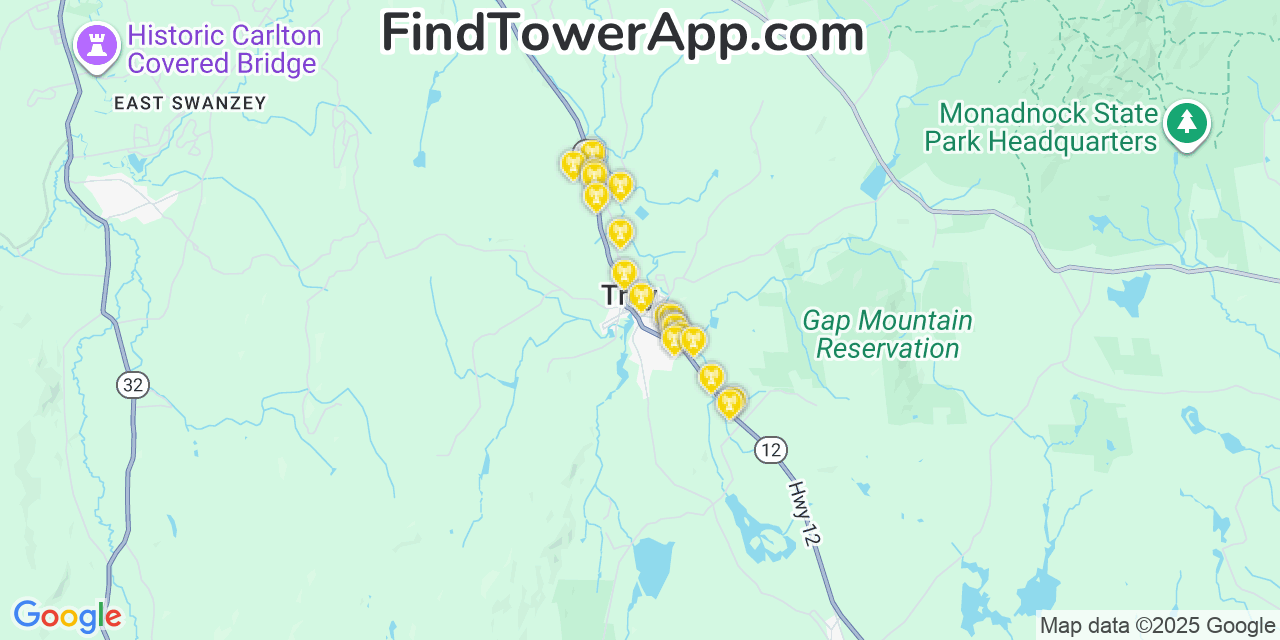 Map showing the 20 primary cell tower locations detected in Troy, New Hampshire from AT&T, Verizon, and T-Mobile networks