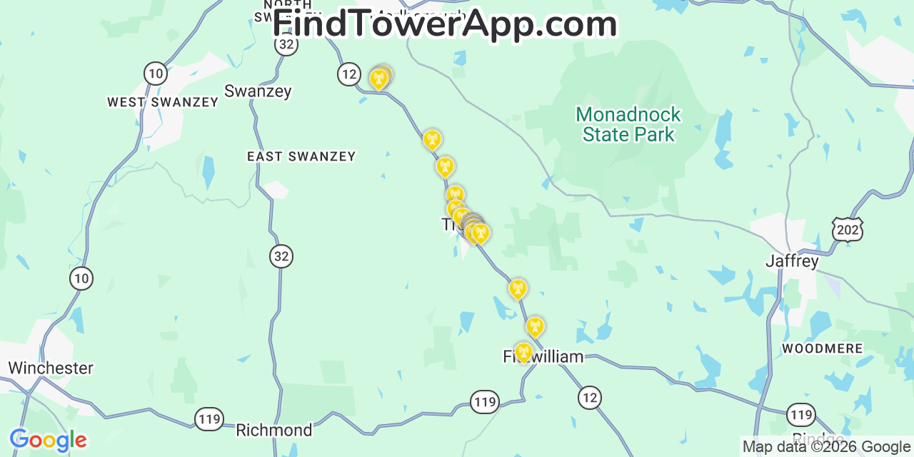 Map showing the 20 primary cell tower locations detected in Troy, New Hampshire from AT&T, Verizon, and T-Mobile networks