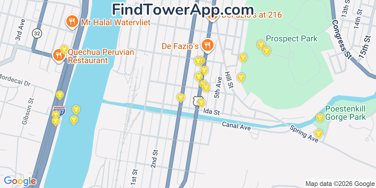 Map showing the 20 primary cell tower locations detected in Troy, New York from AT&T, Verizon, and T-Mobile networks