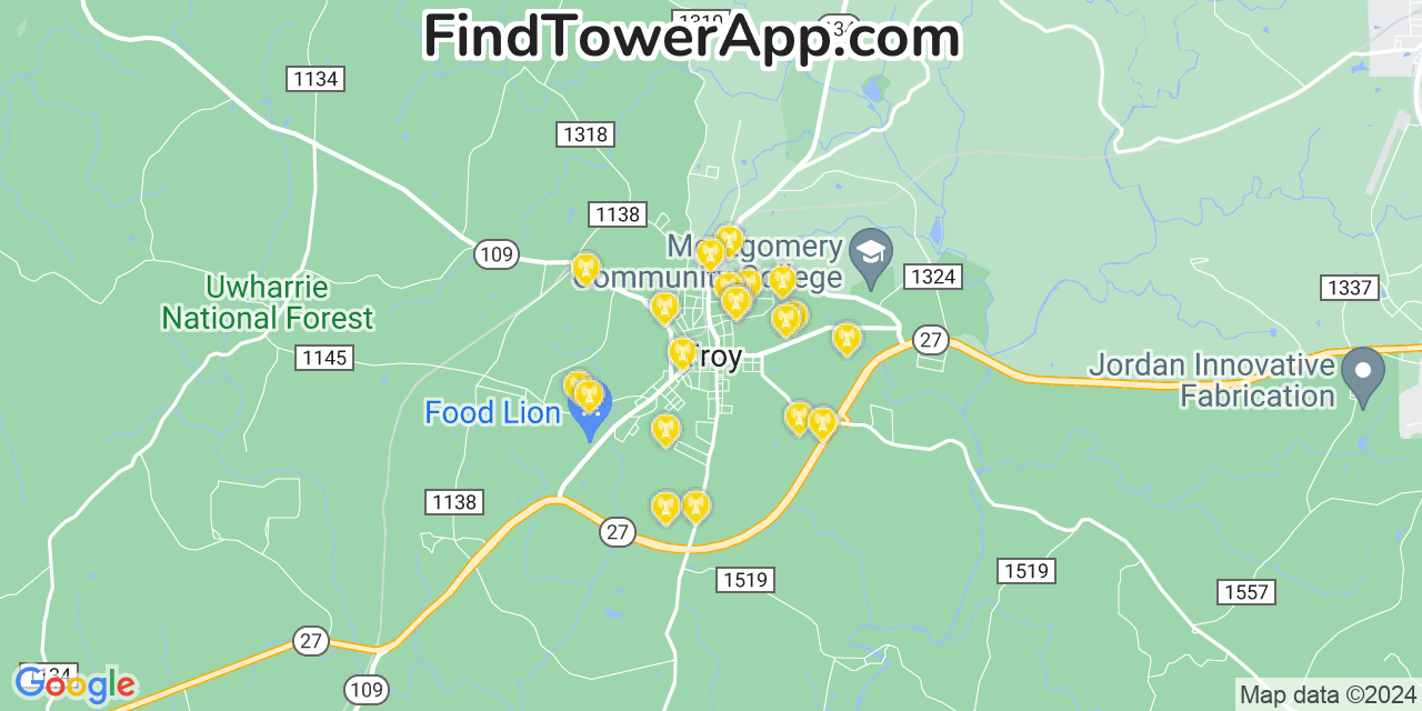 AT&T 4G/5G cell tower coverage map Troy, North Carolina