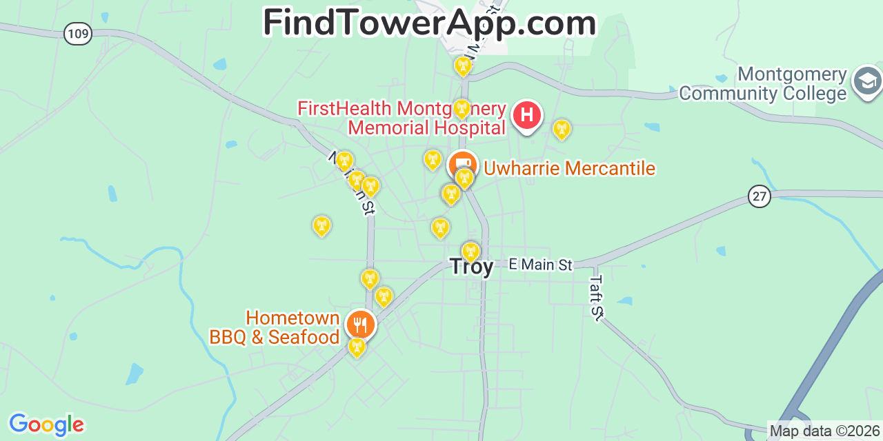 Map showing the 20 primary cell tower locations detected in Troy, North Carolina from AT&T, Verizon, and T-Mobile networks