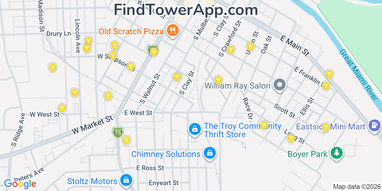 Map showing the 20 primary cell tower locations detected in Troy, Ohio from AT&T, Verizon, and T-Mobile networks